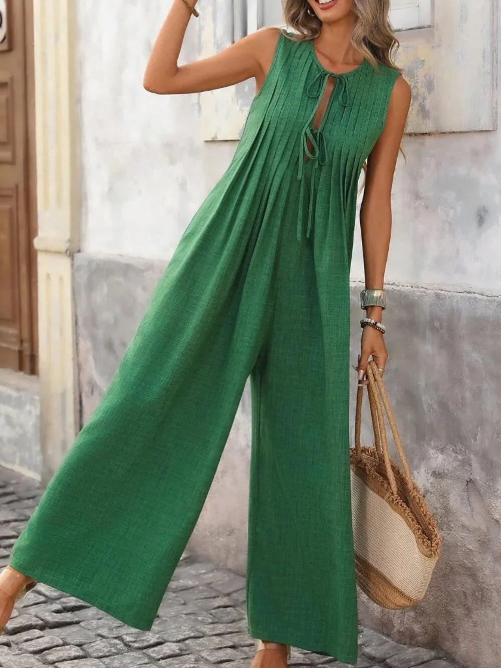 Green Casual Women's Vacation Jumpsuit with Front Tie